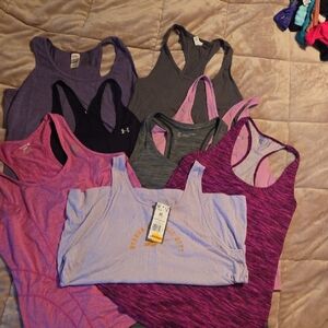 Women's L Racerback Tank Tops, one XL, 3 are Under Armour. Lot of 8